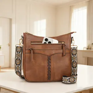 Vintage Woven Crossbody Bag for Women Large Capacity Shoulder Purse PU Leather Tote with Wide Ethnic Guitar Strap&Zip