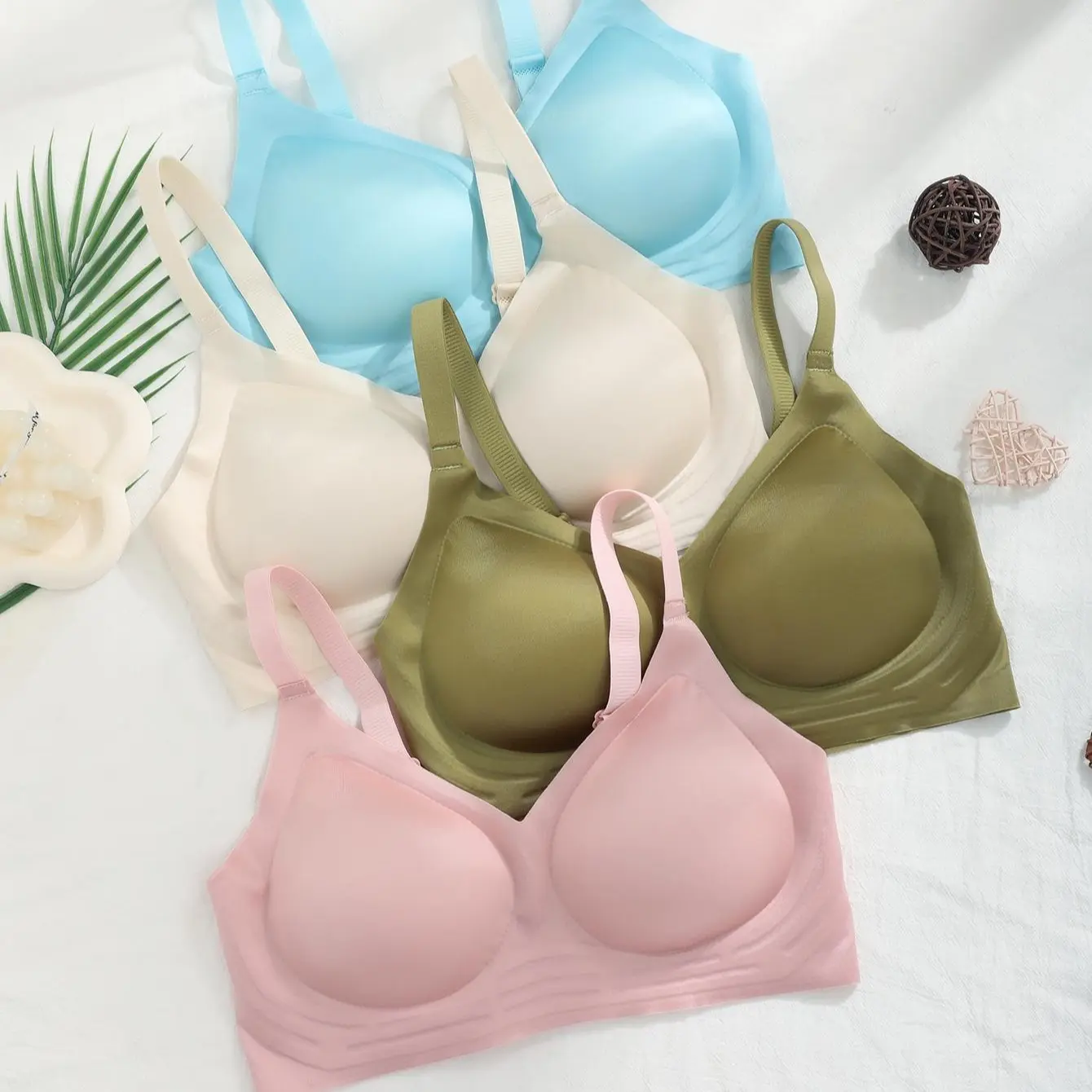 Women's 4-Pack V-Neck Lace Bralette, Wireless Seamless Lingerie with Removable Pads and Tie Back Strap
