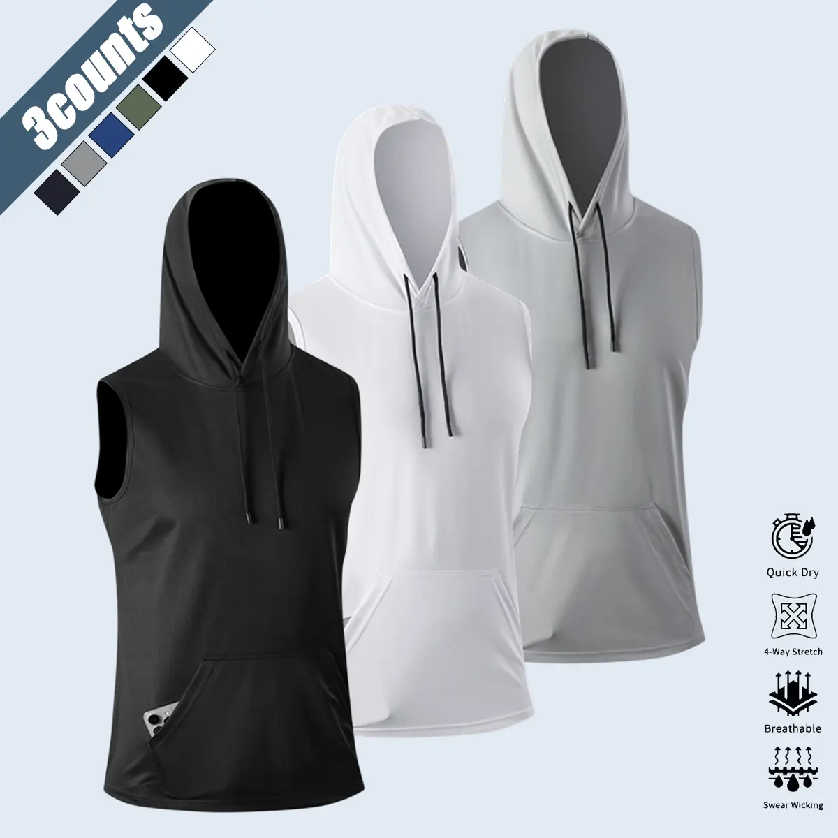 Male 3pcs Casual Sportswear Set - Polyester Knit Sleeveless Sports Top, Hooded Sweatshirt, Drawstring Vest, Cool, Breathable, Quick-Drying, Soft Comfortable Multi-Functional Fitness Apparel,travel essentials,camping essentials, Casual Sports Style, Exerci