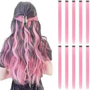 Vibrant Colored Hair Extensions, 10PCS 22" Clip-In Highlights, Straight Synthetic Hairpieces for Women & Girls Party Wear