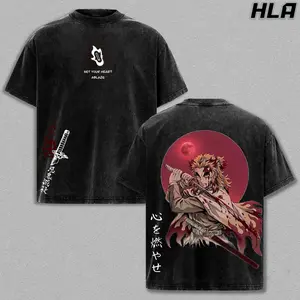 Rengoku Kyojuro Wash Tee, Demon Slayer Anime Graphic Shirt, Heavy Cotton Acid Washed T-Shirt, Double Printed Oversize Top, Unisex Casual Streetwear, Oversized Anime Print T-Shirt, Graphic, Gift For Anime Fan