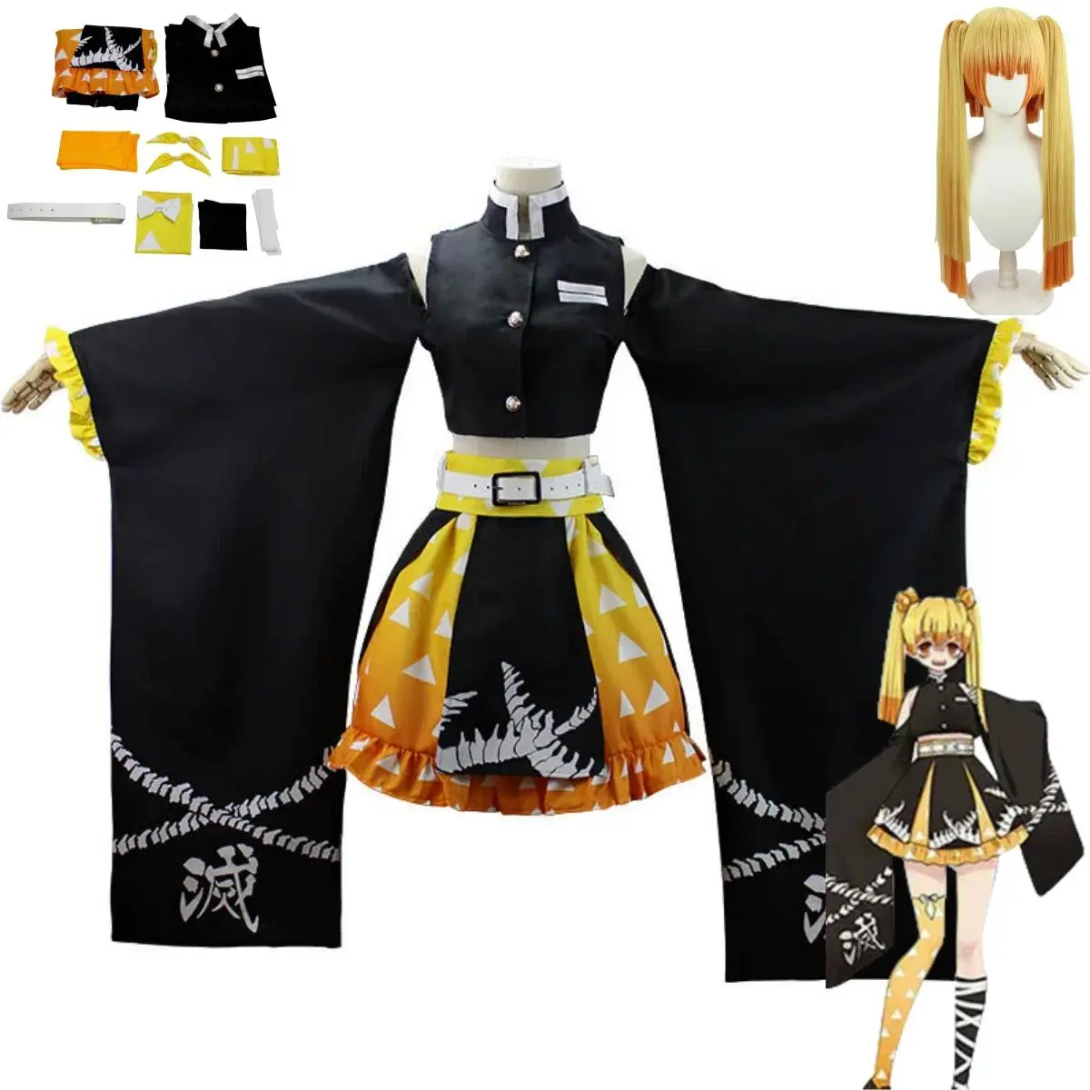 Women's Anime Agatsuma Zenitsu Cosplay Costume Set - Sexy Off-Shoulder Black Lolita Dress, Wig, Accessories for Halloween, Festive Party Supplies