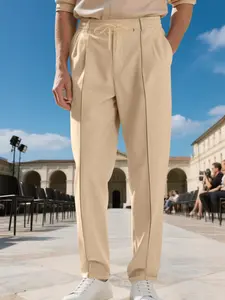 Men's Business Casual Fitted Plain Long Pants with Belted Design, Ideal for Work, Parties, and Daily Wear, Perfect Gift Choice