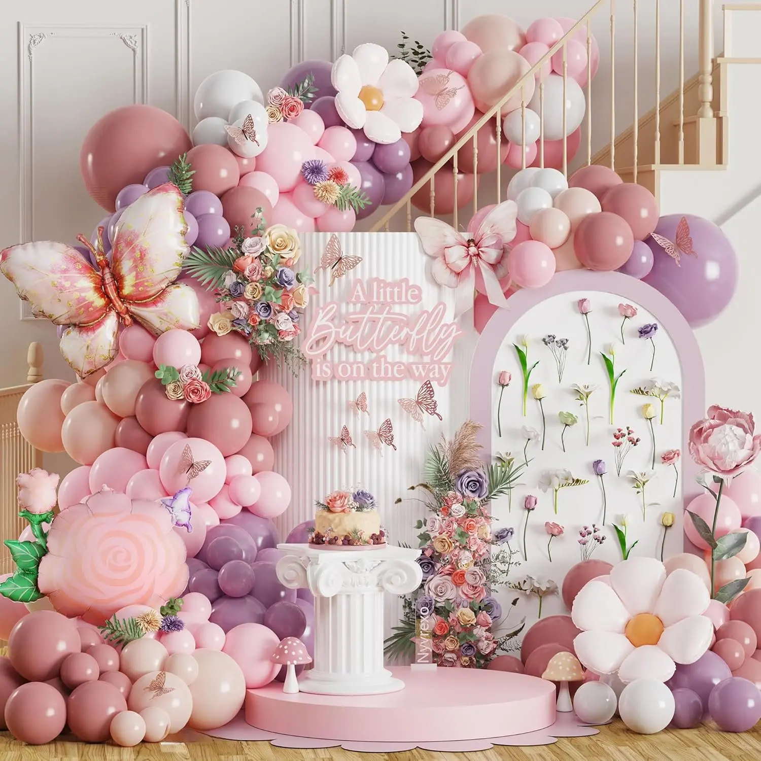154-Count Fairy Butterfly Daisy Flower Balloons Arch Garland Kit, Magical Butterfly Foil Balloons for Spring Birthday Party, Garden Wedding Supplies