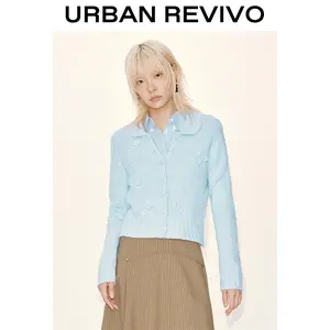 URBAN REVIVO Women's Elegant Knitwear Long-Sleeve Cardigan - Casual Crochet Detail, Floral Applique Co Top UYL950213