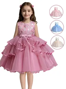 Girls' Flower Embroidery Belted Tulle Dress, Elegant Sleeveless Round Neck Formal  Dress for Party Wedding Guest, Kids Clothes for All Seasons, Tulle Overlay Dress