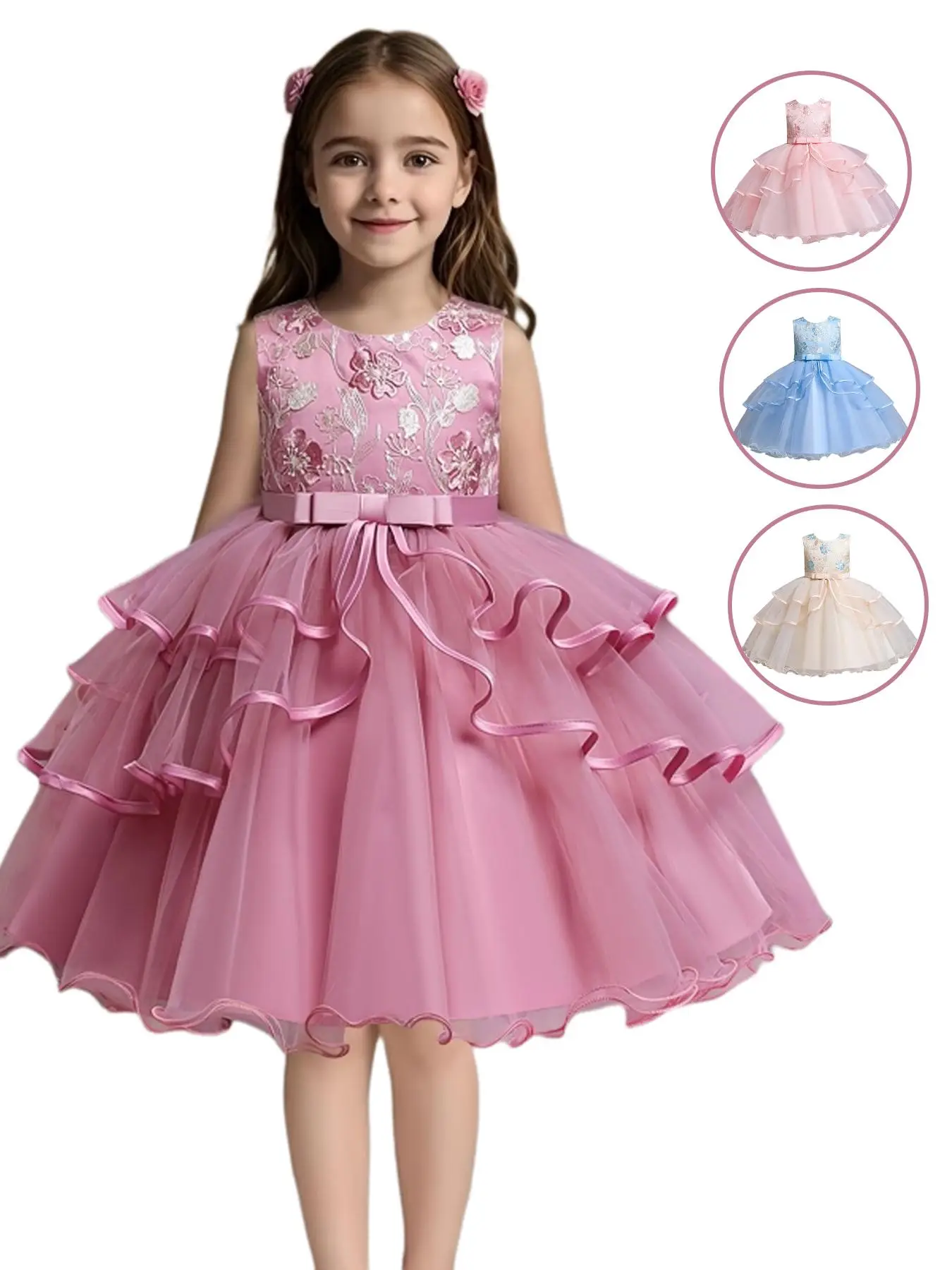 Girls' Flower Embroidery Belted Tulle Dress, Elegant Sleeveless Round Neck Formal Dress for Party Wedding Guest, Kids Clothes for All Seasons
