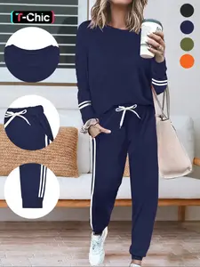 Women's Fashion New Round Neck Solid Color Patchwork Fitted Long Sleeve Top Set, Two-Piece with Pants, Casual Style Outfit Clothes Matching Womenswear