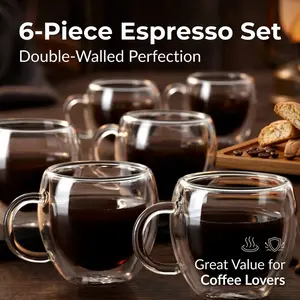 Double Wall Glass Coffee Mugs with Handle, 6 Pcs Heat Insulated Clear Cups,  Dishwasher Safe, for Tea, Latte, Cappuccino, Home & Office Daily Use, Drinkware