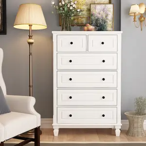 FUFU&GAGA Modern Dresser Storage Chest with 4 Large Drawers, 2 Small Drawers & Carved Legs, Wood Dresser Chest for Bedroom, Living Room & Hallway, White (31.5”W x 15.7”D x 47.4”H)