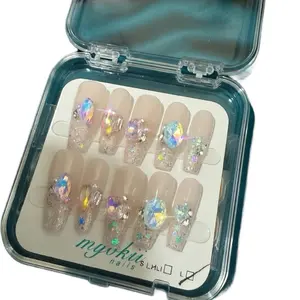 Myokii Nails SLM10 L Crystal Glitter Press-On Nails with AB Color Stones for Elegant Manicure Sparkling Press-On Design