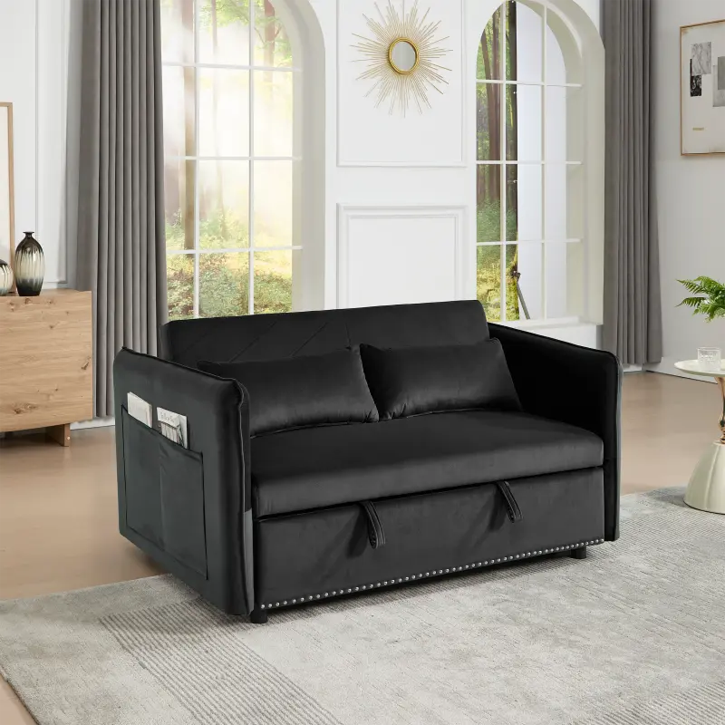 3 in 1 Convertible Sleeper Futon Sofa Bed, 55" Velvet Small Loveseat Lounge Couches with 2 Pillows, Reclining Backrest,Side Pockets for Living Room, Pull-Out Couch