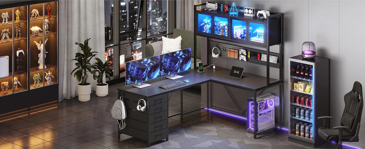 Sikaic 62 Inches LED Reversible L Shaped Gaming Desk With Power Outlet Storage Drawers Hutch and Pegboard