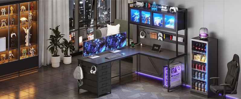 Sikaic 62 Inches LED Reversible L Shaped Gaming Desk With Power Outlet Storage Drawers Hutch and Pegboard