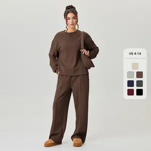 Women's Minimalist Solid Color Round Neck Loose Top & Exposed Stitches Trousers Co-ord, Cozy Long Sleeve Top & Wide Leg Trousers Two Piece Outfits