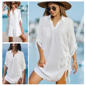 Zilva Women's V-Neck Drawstring Swimwear Coverup - Chic U-Shape Hemline Beach Bikini Cover Up, Breathable Fabric for Summer (White, Black)