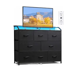 8-Drawer Fabric Dresser with Power Outlets & LED Light, Multifunctional TV Stand Storage Cabinet for Bedroom, Living Room, Office & Hallway, Black