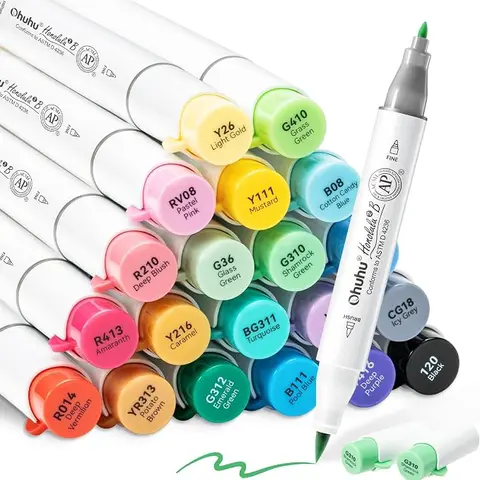 Ohuhu Alcohol Markers: Brush& Fine - 24 Colors for Adults Coloring, AP Certified Refillable Dual Tips Marker for Artist Beginner Drawing Illustration Sketching - Honolulu B & 2B Series of Ohuhu