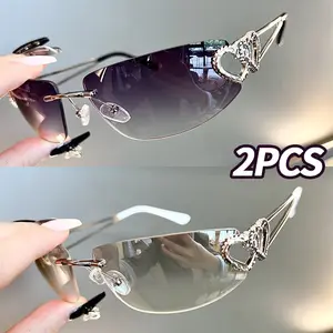 Two pairs of frameless cat-eye oval mirrored glasses, vintage style, unique design, perfect for creating a Y2K edge look