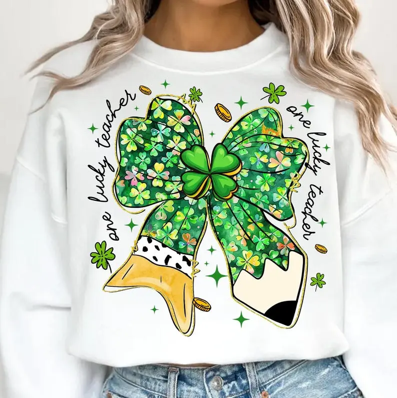 One Lucky Teacher Coquette Bow Pencil Sweatshirt, St Patrick Lucky Teacher Shirt, Coquette St Pattys Day Shirt, Brushstroke Shamrock Tee, Patrick's Day Teacher Gift