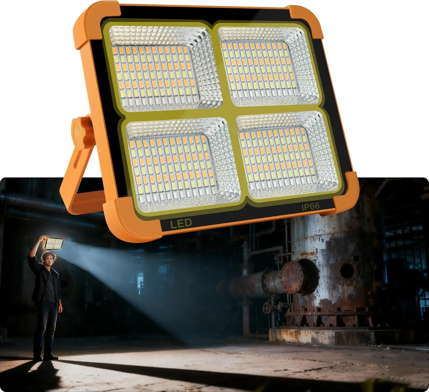 Solar Rechargeable LED Flood Work Light - IP66 Waterproof Portable Outdoor Light, 5 Lighting Modes with Stepless Dimming, USB Charging for Camping, Workshop