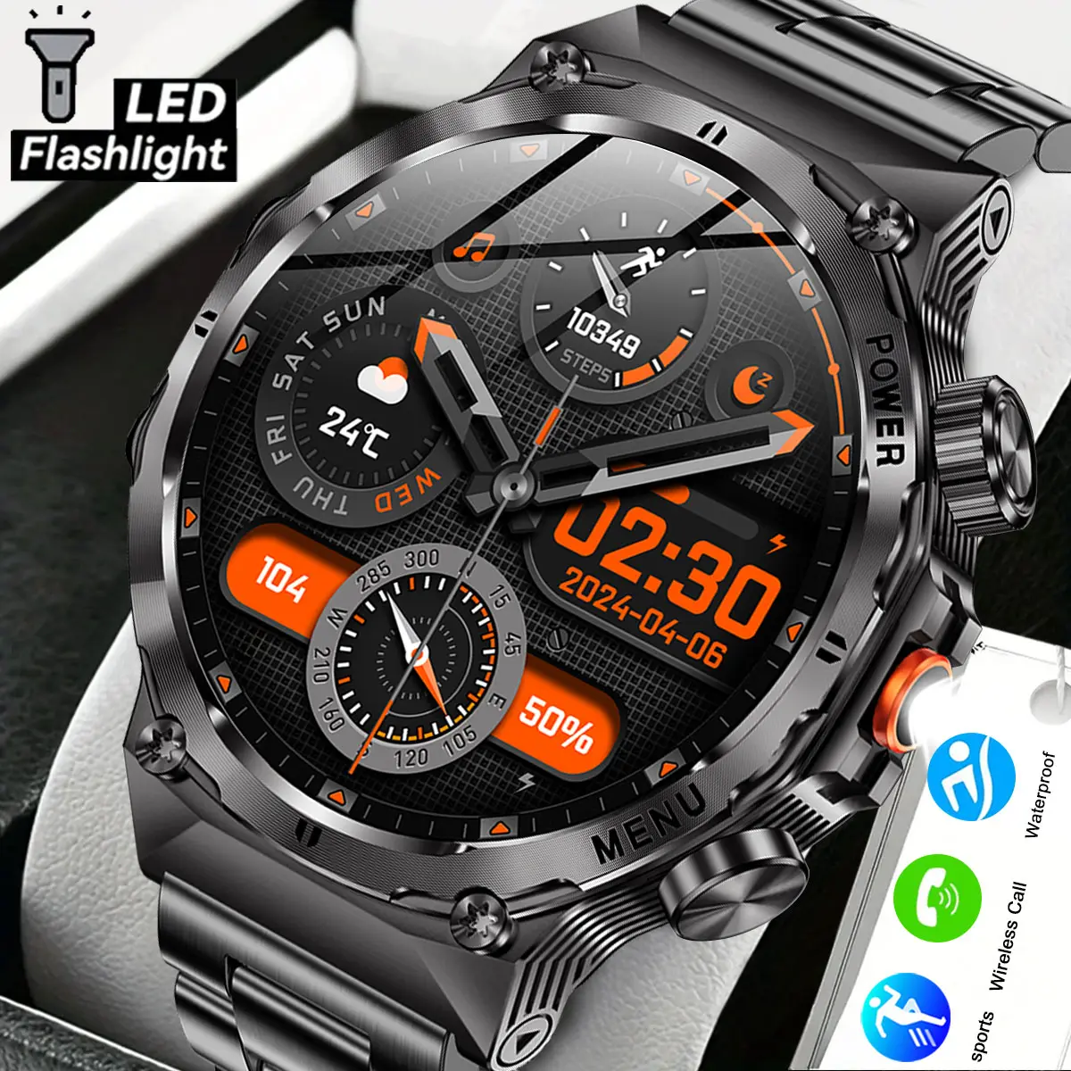 Military Tactical Smartwatch for Men, 1.7-inch AMOLED Wearable Device, LED Flashlight, Bluetooth Connection, Call/Phone Dialing, IP68 Waterproof Durable Fitness Tracker (iPhone & Android Compatible, Black)