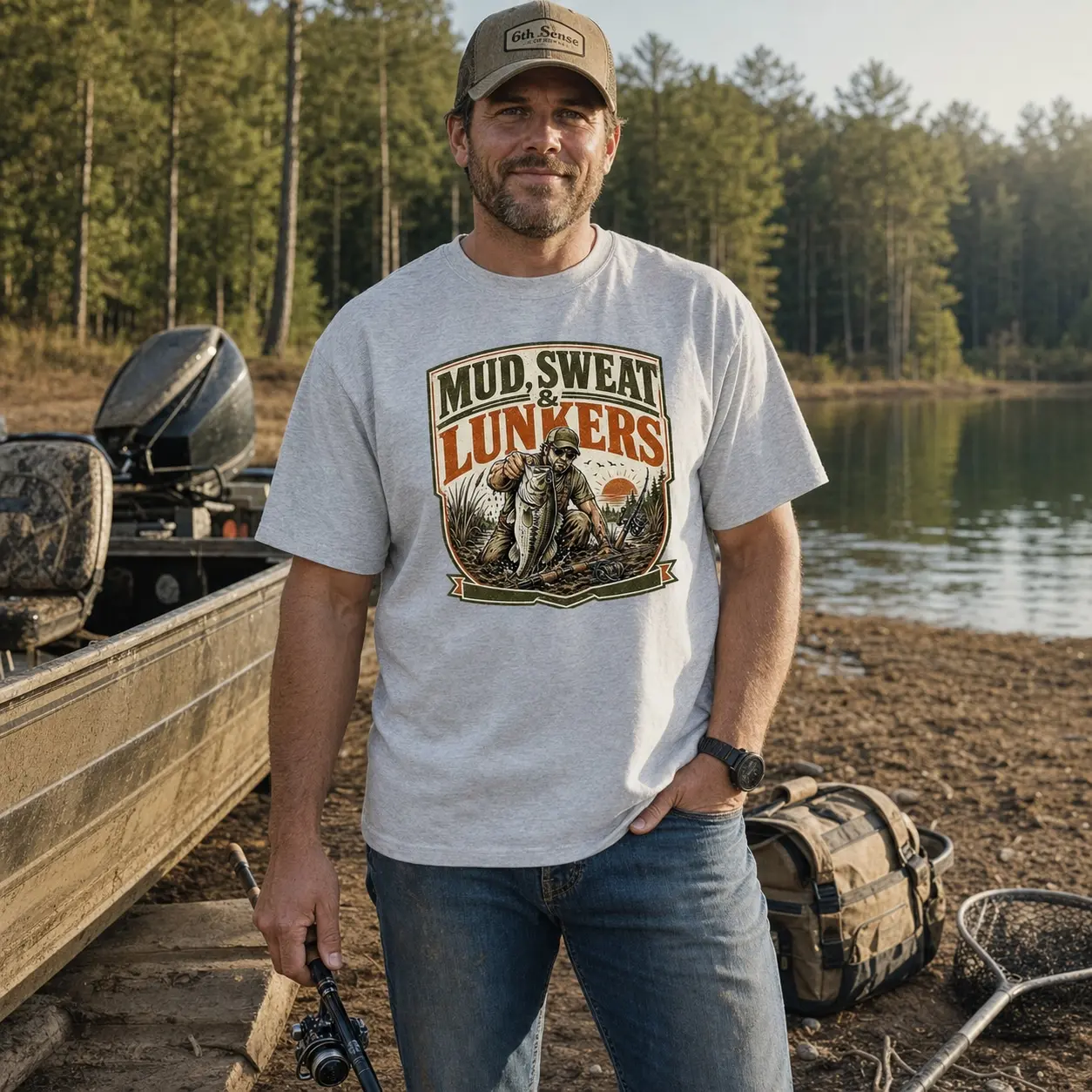 XTAUTO Vintage Mud Sweat & Lunkers Bass Fishing T-Shirt, Unisex Retro Largemouth Bass Graphic Tee, Casual Short Sleeve Outdoor Angler Shirt for Men & Women Fishermen