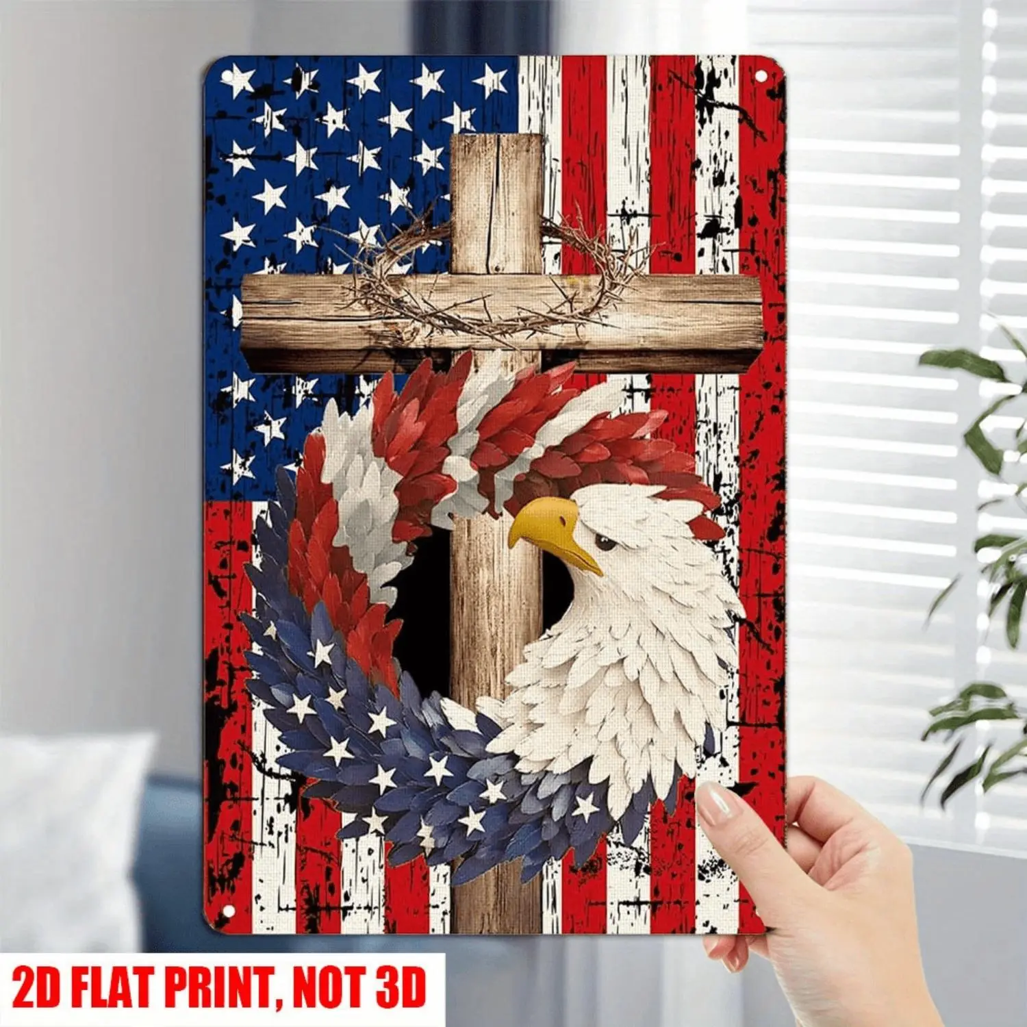 2D Flat, 4th of July Metal Sign, Decorative Plaque with Eagle & Stars and Stripes American Flag Design, Patriotic Wall Decor for Home Living Room Outdoor Yard Garage, Perfect Decor for Independence Day Labor Day
