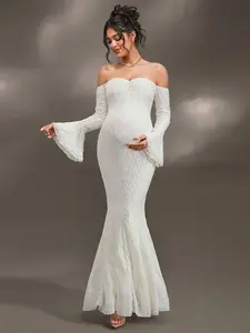 BELLAdresses Maternity Maternity Long Sleeve Off Shoulder Fitted Lace Patchwork Chiffon Dress, Suitable For Christmas Party, Elegant Party, Baby Shower