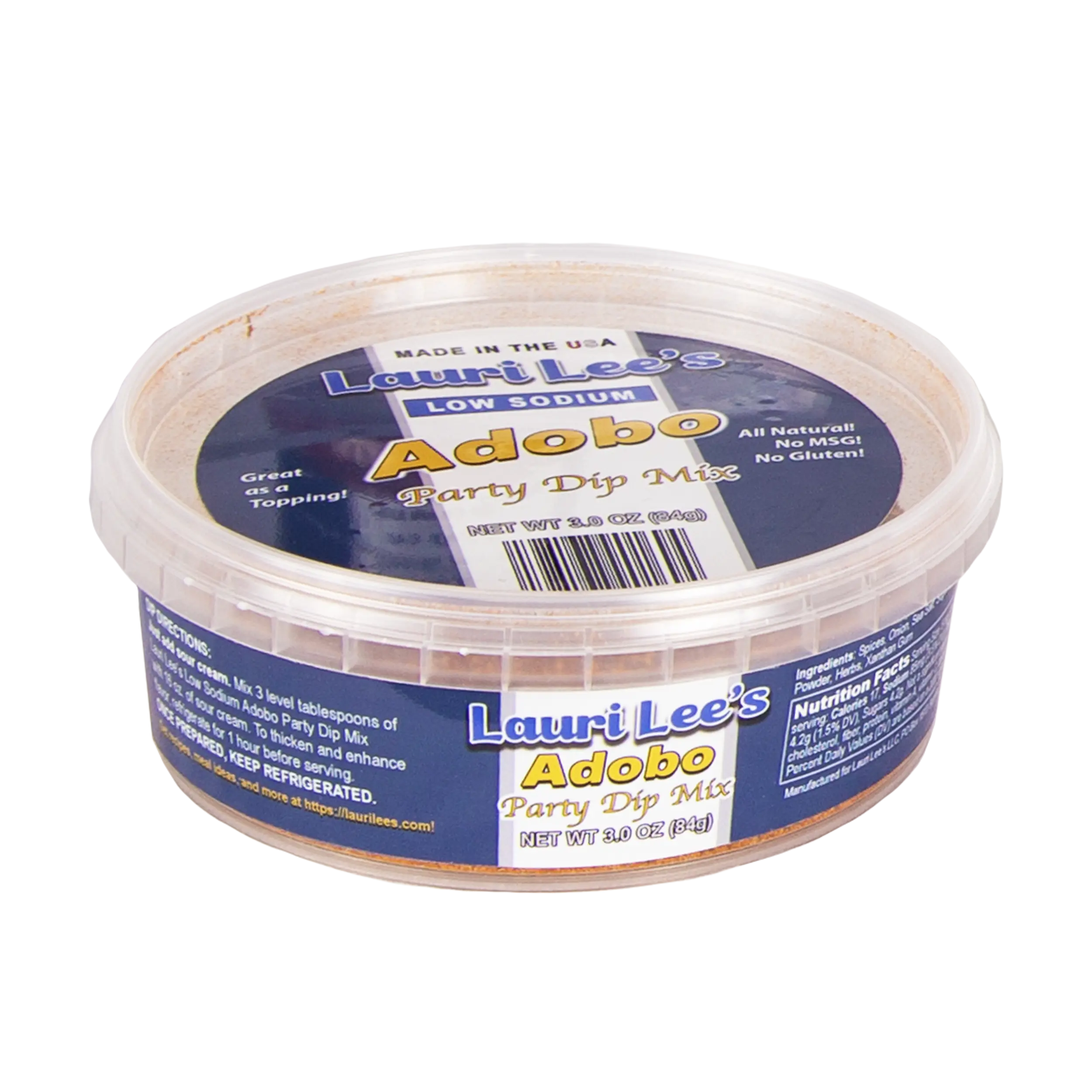 Lauri Lee's Low Sodium Adobo Party Dip Mix - 3 oz. Tub - Hearty and Delicious, Also Great for Toppings - Made in USA