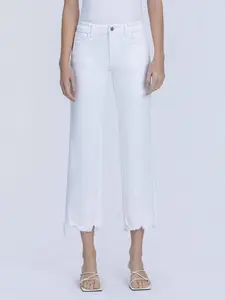 VERVET MID RISE UNEVEN FRAYED HEM CROP STRAIGHT JEANS OPTIC WHITE