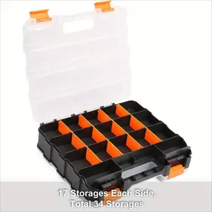 Double Sided Small Parts Storage Case, Removable Dividers Organizer, 34 Compartment Tool Box for Hardware, Fasteners, Beads & Mini Accessories