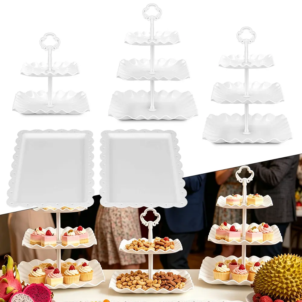 5-Pieces Cupcake Stand & Appetizer Trays Set, Includes 2 x 3-Tier & 1 x 2-Tier Square Shaped Cupcake Stands, 2 Appetizer Trays, White Design, Perfect for Parties