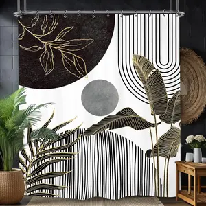 Modern Black Gray Shower Curtain, Abstract Minimalist Plant Leaves Mid Century Neutral Geometric Aesthetic Waterproof Decor