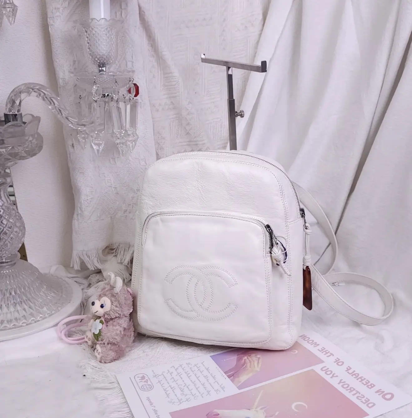 Pre-owned CHANEL Vintage CC Logo Backpack, White Caviar Calfskin