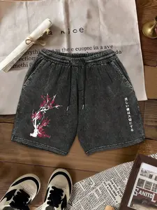 Men's Minimalist Japanese Aesthetic Denim Shorts, Washed Elastic Waist, Cherry Blossom Art Print, Casual Urban Style