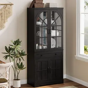 Garvee Farmhouse Pantry Cabinet, 71.9" Tall Freestanding Kitchen Cabinet with Tempered Glass Doors, Multifunctional Storage with Anti-Tip Design for Kitchen, Dining Room & Living Room, Available in Black, White, and Retro Brown