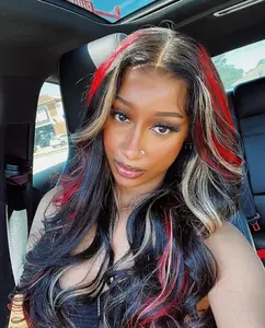 Highlight Blonde with Red Human Hair Wigs Transparent 13x4 Lace Frontal 180 Density Black Red Stripe Wig Pre Plucked Brazilian Body Wave Lace Front Wig