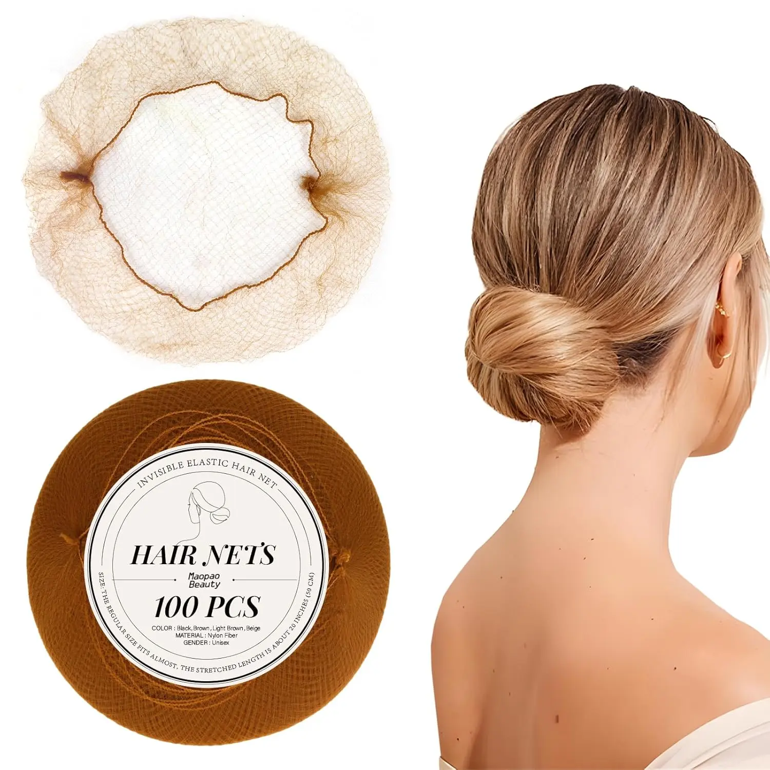 Hair Net 100 count 20Inch Packed Individually High Elastic Nylon Edge Invisible Hair Nets for Women Buns  Service Dancer Cooking Wigs(100Pcs,Light Brown)