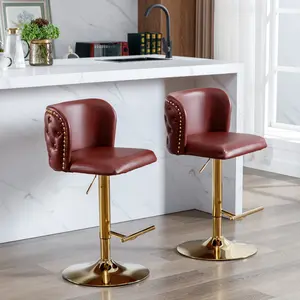 Swivel Bar Stools Set of 2, Adjustable Height Pu Leather Barstools with Back Support， space-saving counter chairs for Home Pub Kitchen Island, Wine Red