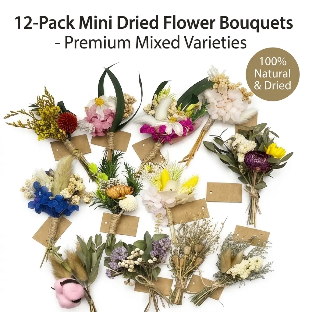 12-Pack Natural Mini Preserved Dried Flower Bouquets, Mixed Bunny Tail Grass & Lover Grass, DIY Gift Box Embellishment, Home Vase & Wedding Decor (Home Supplies)