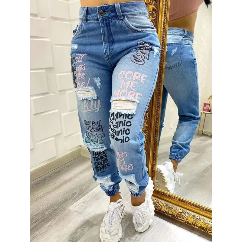 Women's Denim Jeans, Female Streetwear Chaps Style with Letters Print and Cooling Breathable Mesh Cutouts, Fitted, Chaps Look, Bottom, Lady, Casual