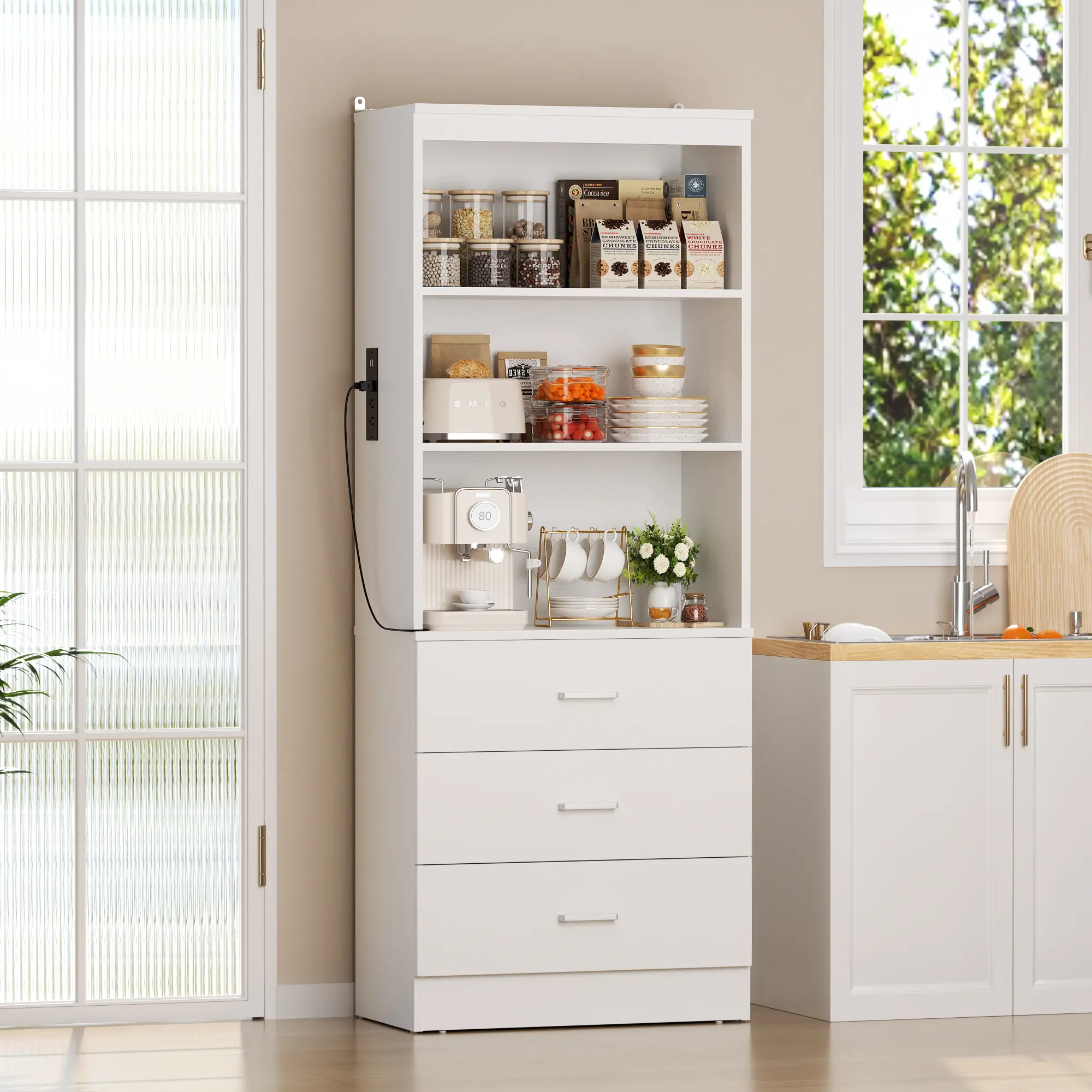 Cyclysio 23.6'' W Freestanding Compartment Cabinet Cupboard - Room Storage Adjustable Storage Cabinet, Drawer Organizer Sideboard with 3 Wooden Drawers, Adjustable Shelves, Sturdy Built-in Organizer Modular Unit, Adjustable Storage Cabinets