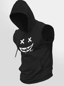 Unisex Xx Smile Lightning Print Sleeveless Hoodie, Casual Loose Fit Sporty Vest Top, Spring Summer Fitness Streetwear