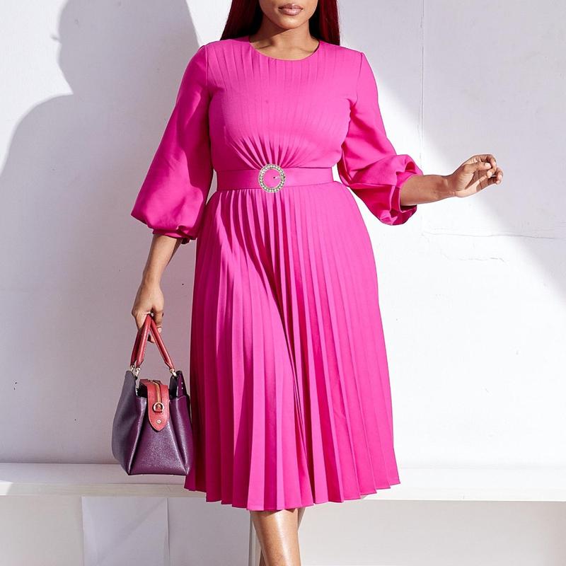 Women’s Pleated Midi Dress with 3/4 Puff Sleeves, Round Neck and Ring-Buckle Belted Waist, A-Line Silhouette with Back Keyhole — Elegant Choice for Work, Church & Wedding Guests