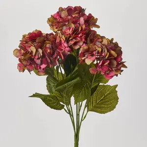 Dried Look Dark Rose Silk Hydrangea Blooms Faux Bush Stem Bouquet - 21"