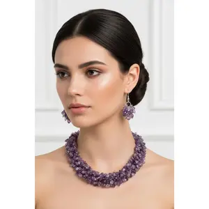 Amethyst Necklace Set - Natural Gemstone - Handcrafted Teardrop Jewelry Set Earring