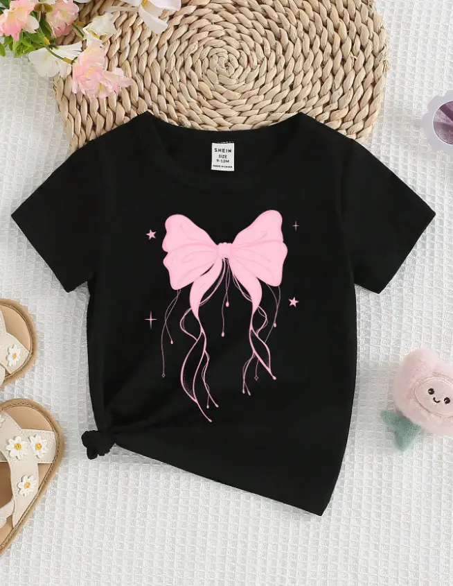 Coquette Style Pink Large Bow With Long Tassel Streamers Sparkling Star Simple Line Art Cotton Tee Summer Cool 100% Sweet Girly Daily Kids Girls Outfit