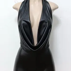 Let's Party Romper - Black Faux Leather Halter Neck Deep V-Neckline Sleeveless Party Outfit