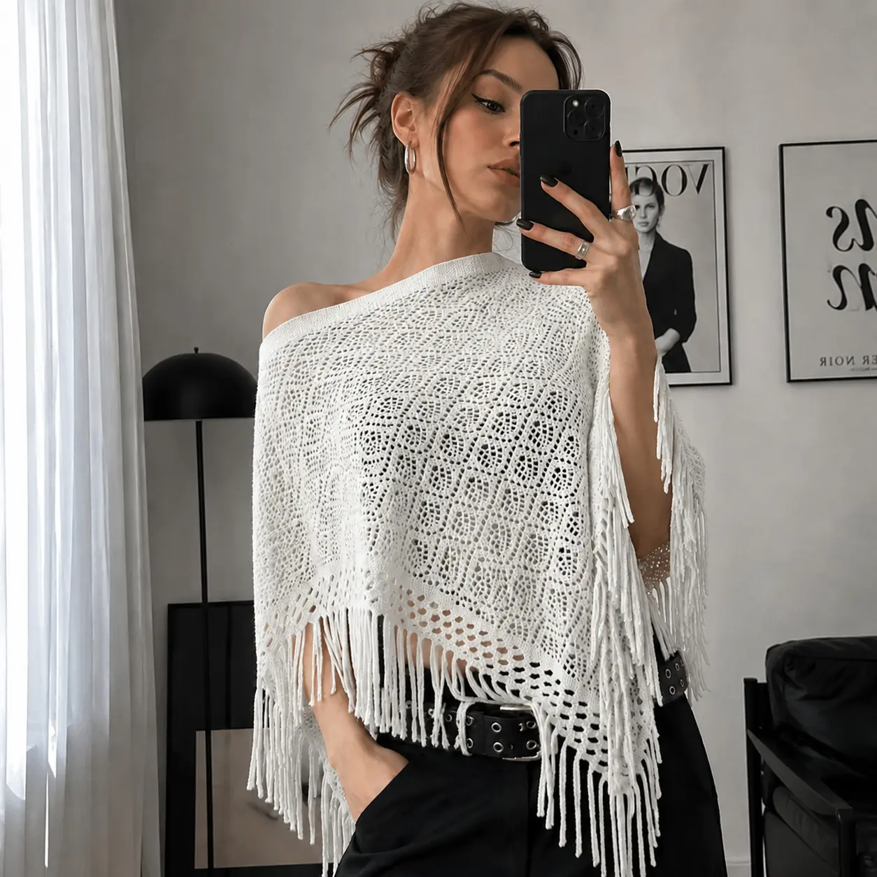 Women’s Fringe Crochet Shawl, Open Knit Wrap Cape, Lightweight Boho Style Fashion Accessory